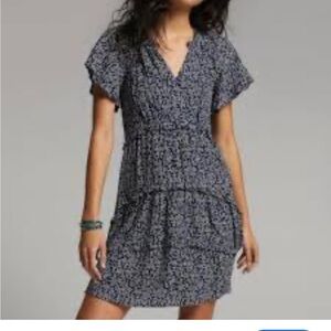ANTHROPOLOGIE Robin Tiered Ruffle Dress in Navy‎ and White Polka Dot